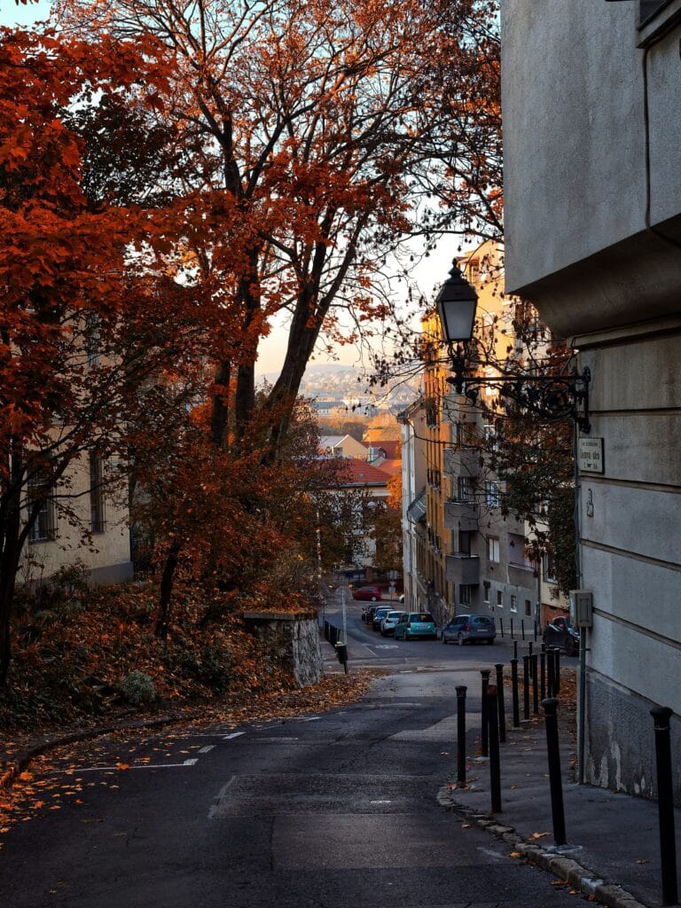 Calle de Buda en Budapest en otoño con hojas de colores y luz del atardecer
