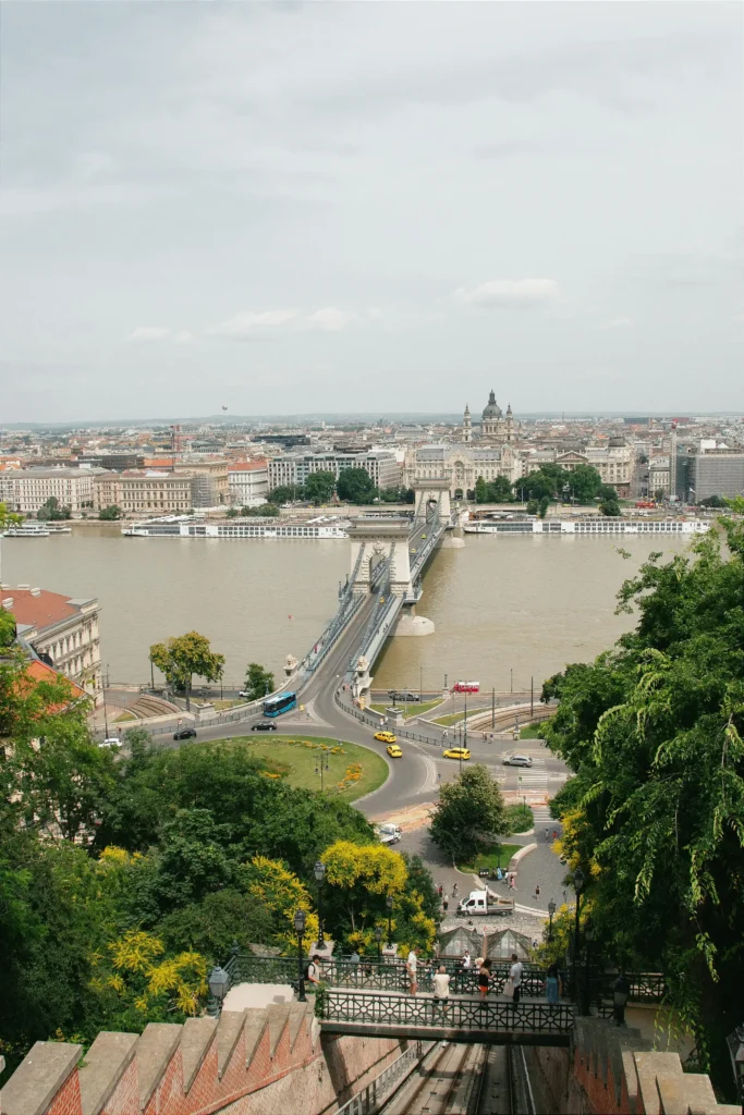 Scenic view from Buda Castle Hill showing the Chain Bridge and cityscape of Pest from above the funicular