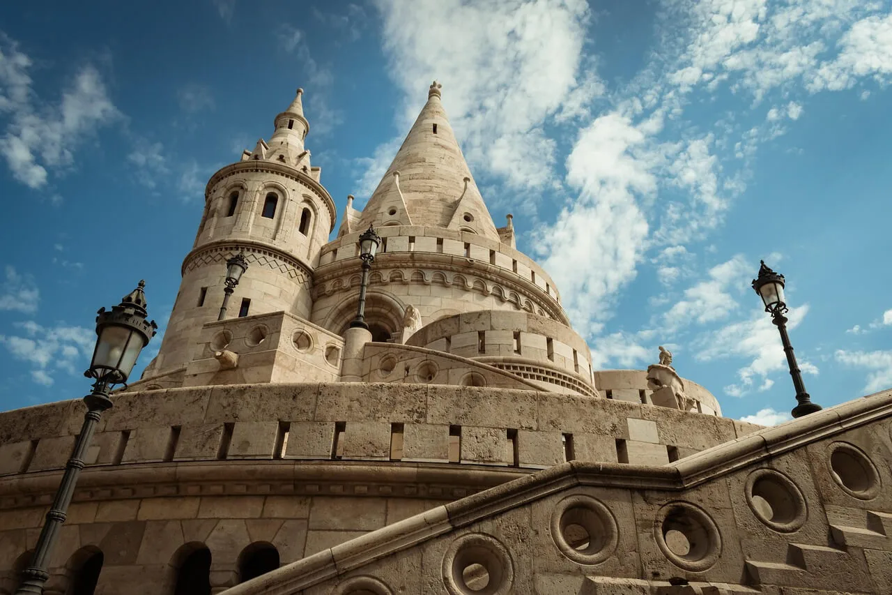 Close-up of the Neo-Romanesque tower of Fisherman's Bastion in Budapest
