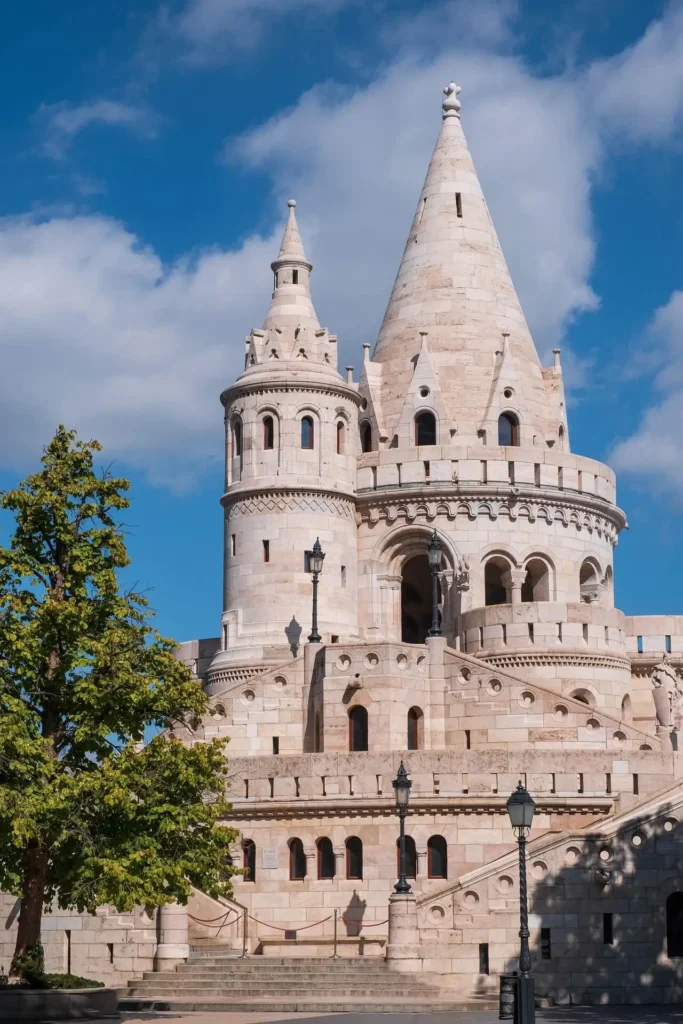 Neo-Romanesque architecture of Fisherman's Bastion with blue sky in Budapest