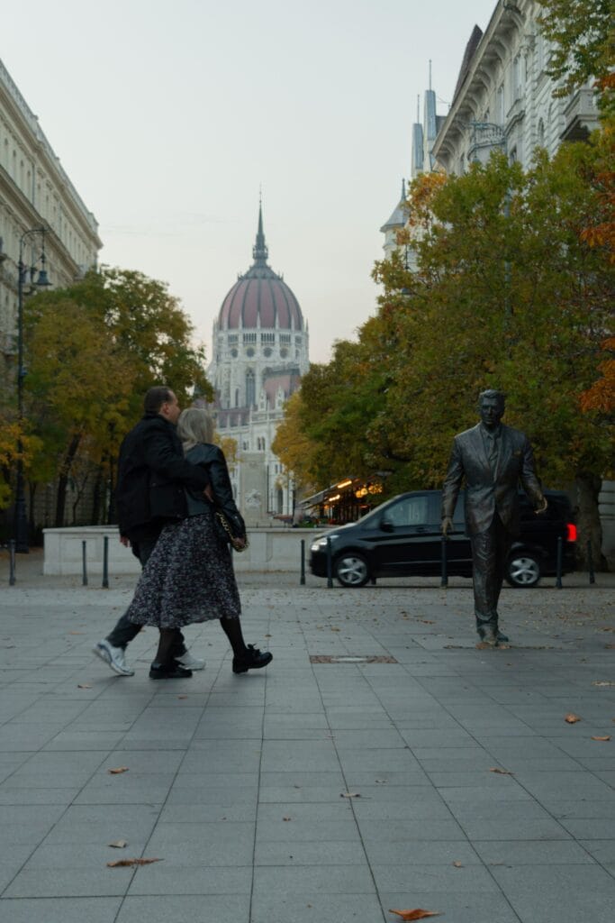 Ronald Reagan statue in Liberty Square Budapest with the Hungarian Parliament in the background