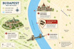 Illustrated map of Budapest showing Shoes on the Danube, Parliament, Chain Bridge and Buda Castle