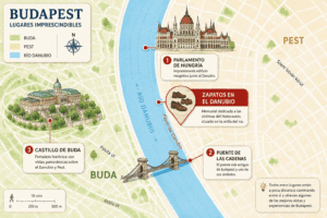 Mapa ilustrado de Budapest con los Zapatos en el Danubio, Parlamento, Puente de las Cadenas y Castillo de Buda