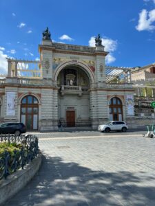 Main entrance of Várkert Bazár in Budapest with Neo-Renaissance architecture on the Buda riverfront